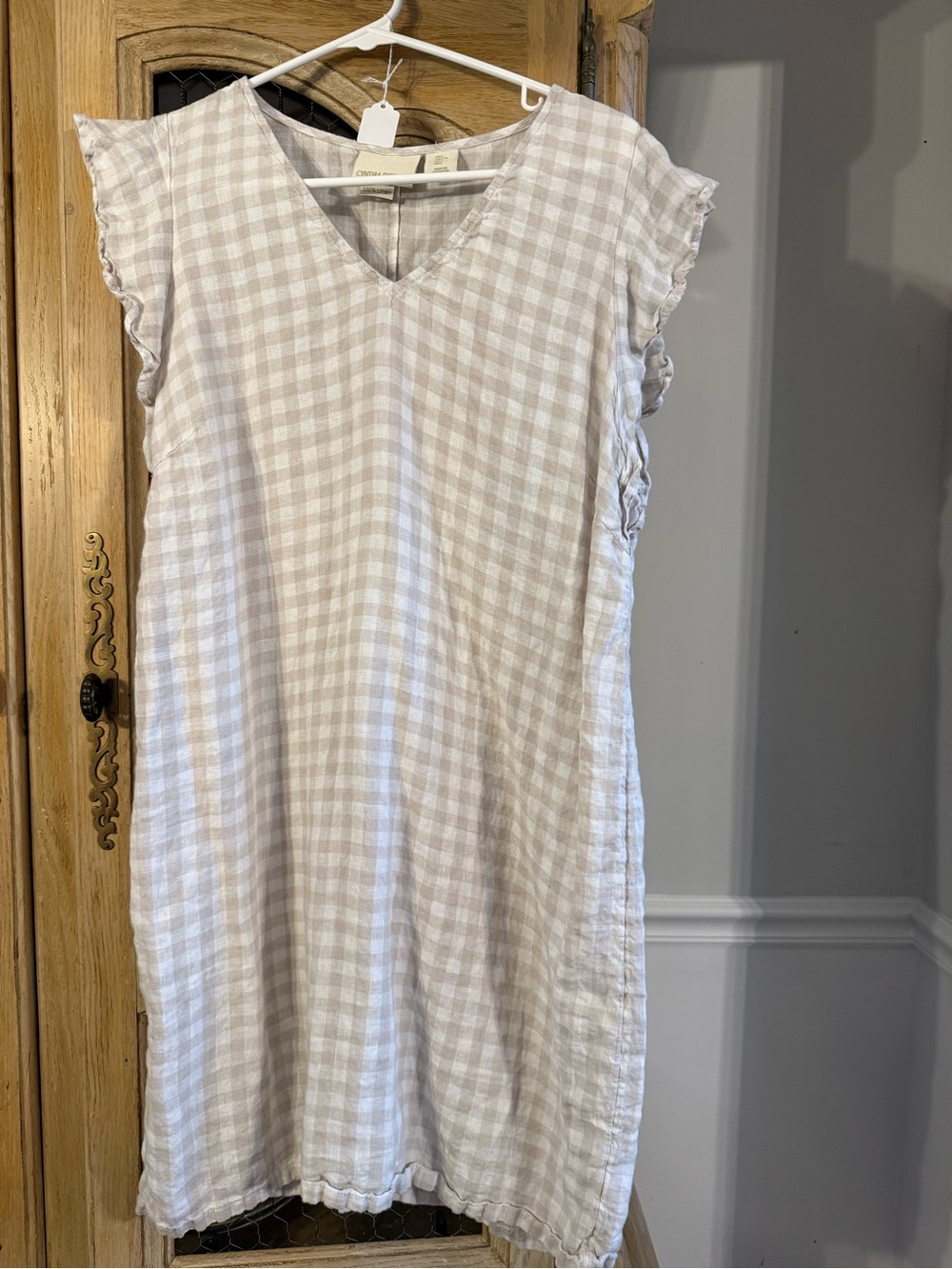 Cynthia Rowley Linen Beige Gingham V-Neck Dress
